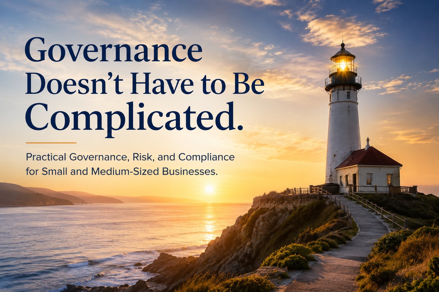 Lighthouse at sunrise, representing steady guidance through risk