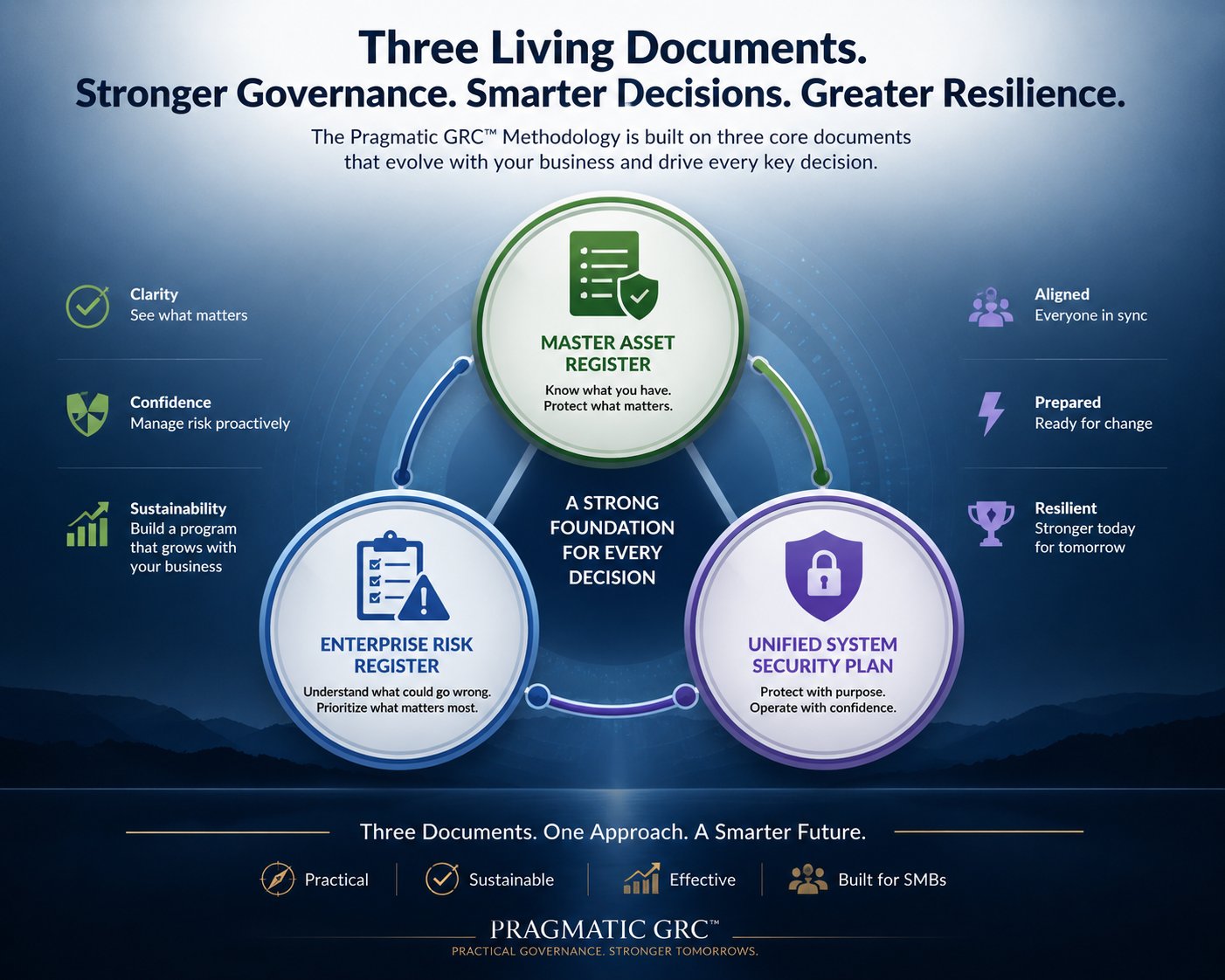 Diagram of the Three Living Documents: Master Asset Register, Enterprise Risk Register, and Unified System Security Plan