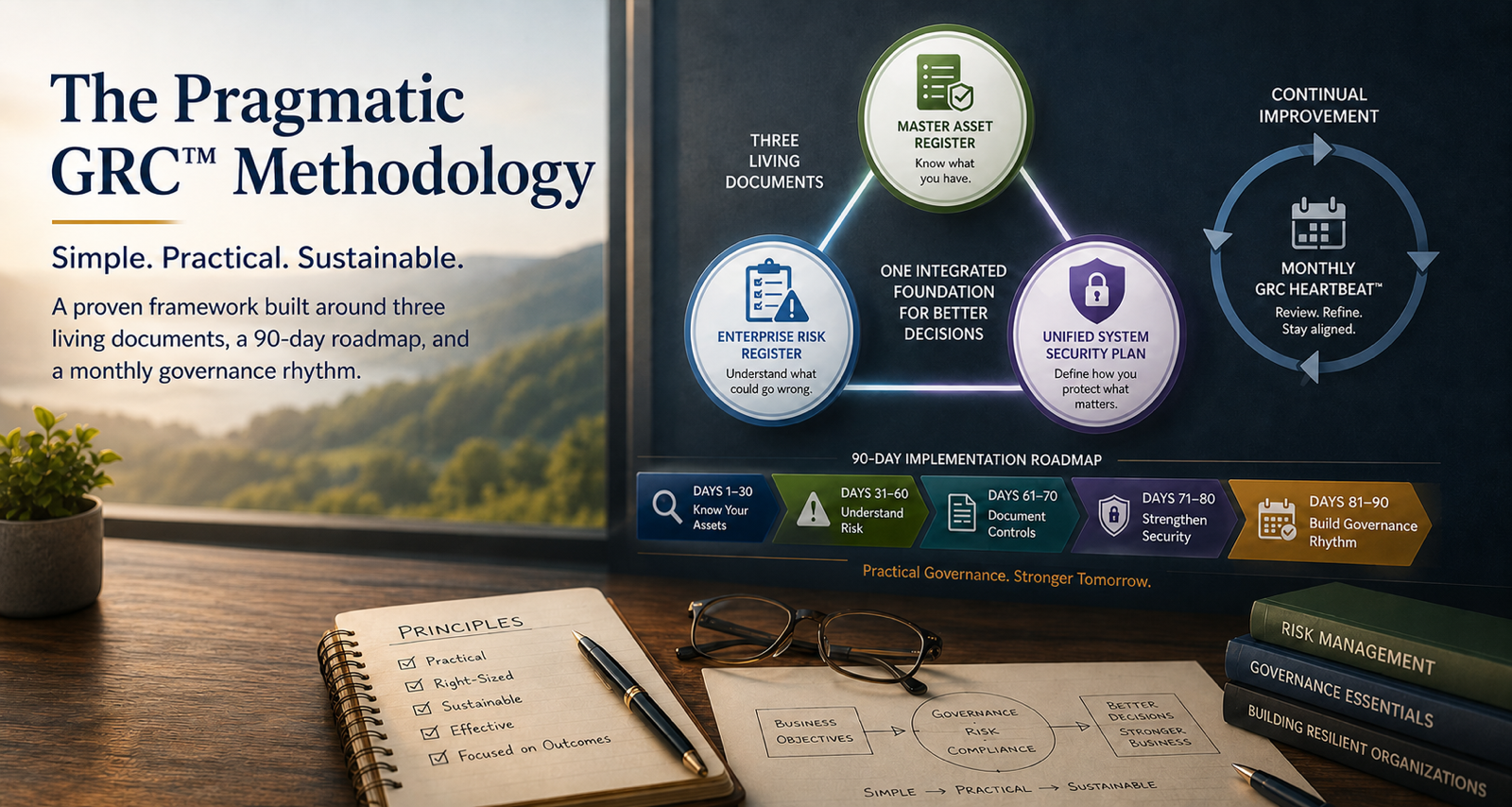 The Pragmatic GRC Methodology. Simple. Practical. Sustainable. A proven framework built around three living documents, a 90-day roadmap, and a monthly governance rhythm.