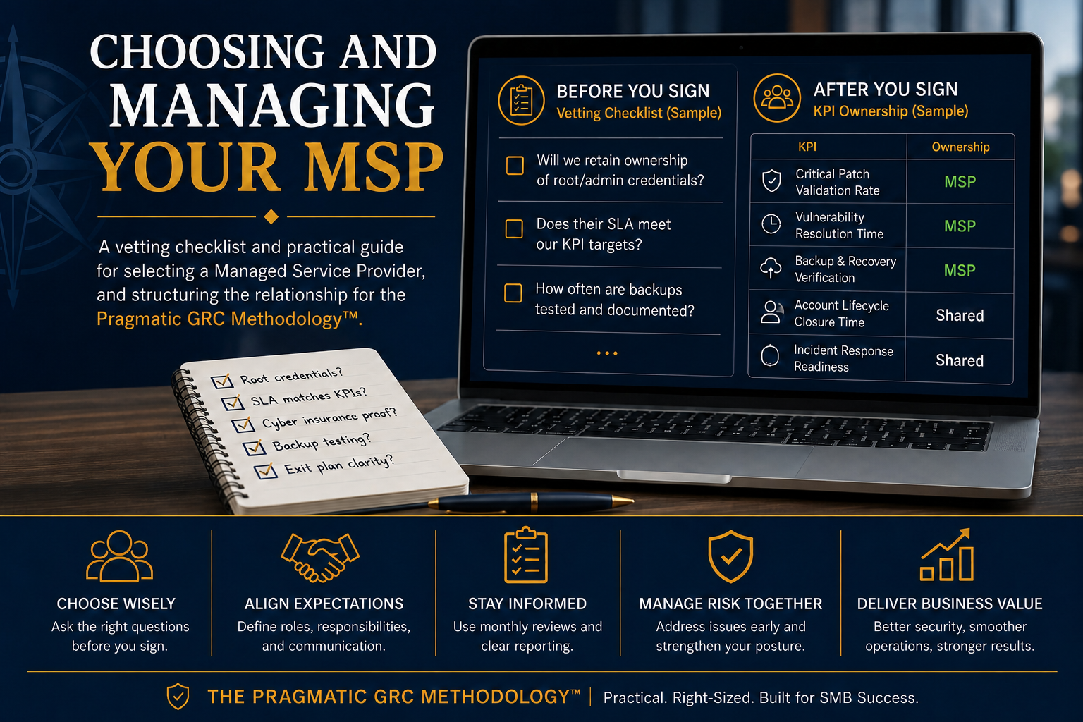 Choosing and Managing Your MSP. A vetting checklist and practical guide for selecting a Managed Service Provider, and structuring the relationship for the Pragmatic GRC Methodology.